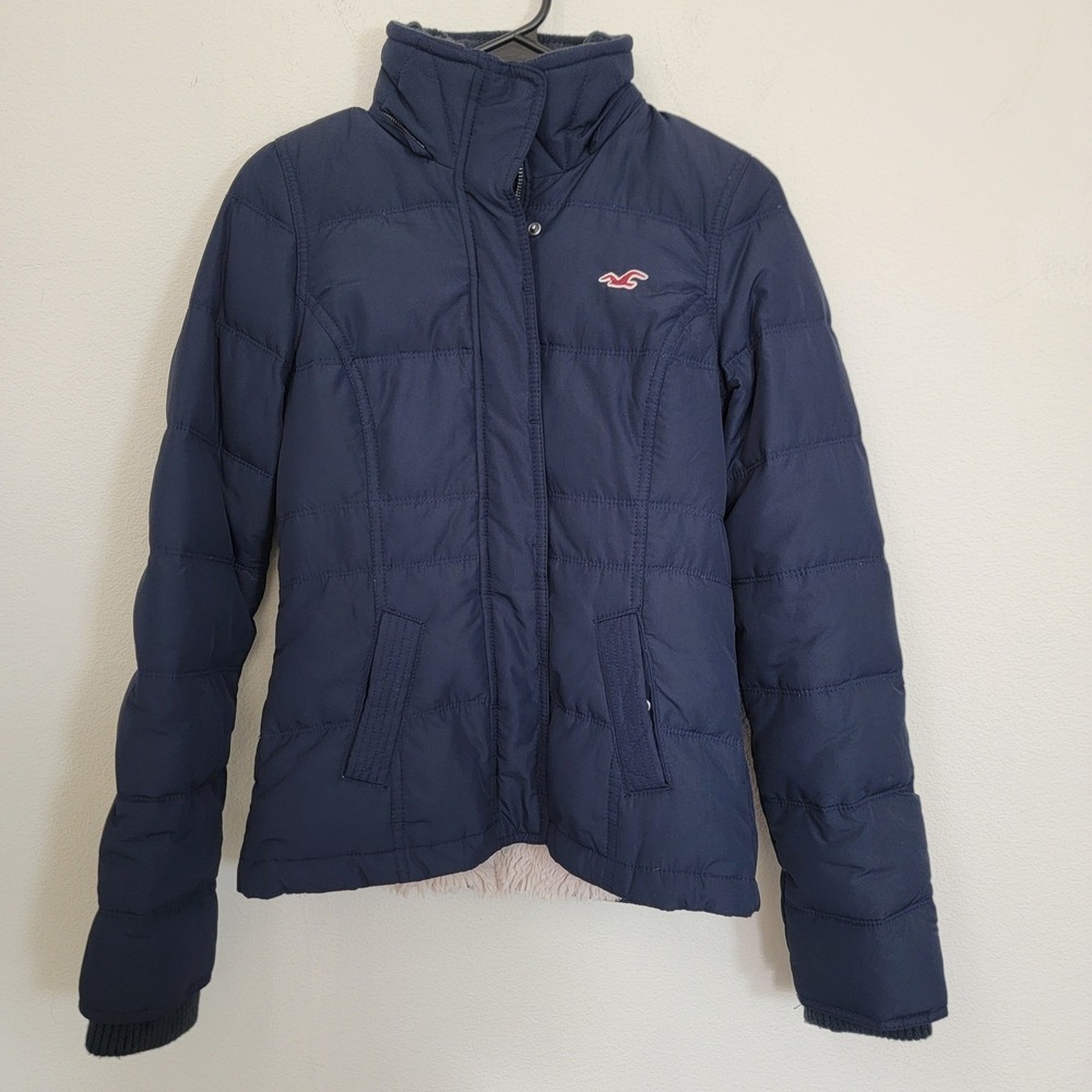 Hollister Y2K Bella Swan Puffer Jacket Womens Small Navy Faux Fur Lined Down
